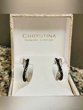 Two-Tone Crystal Criss Cross Hoop Earrings NIB | Silver Plated
